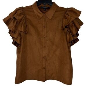 Marc New York Brown Ruffle Sleeve Top Women's‎ Button-Up Blouse Shirt Medium